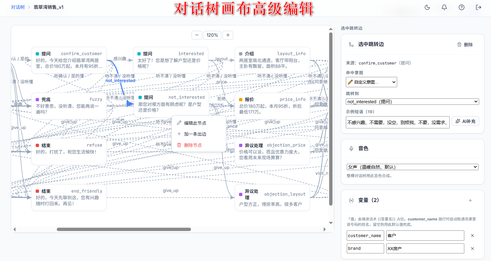 对话树画布高级编辑界面：可视化节点、跳转边、意图与音色配置