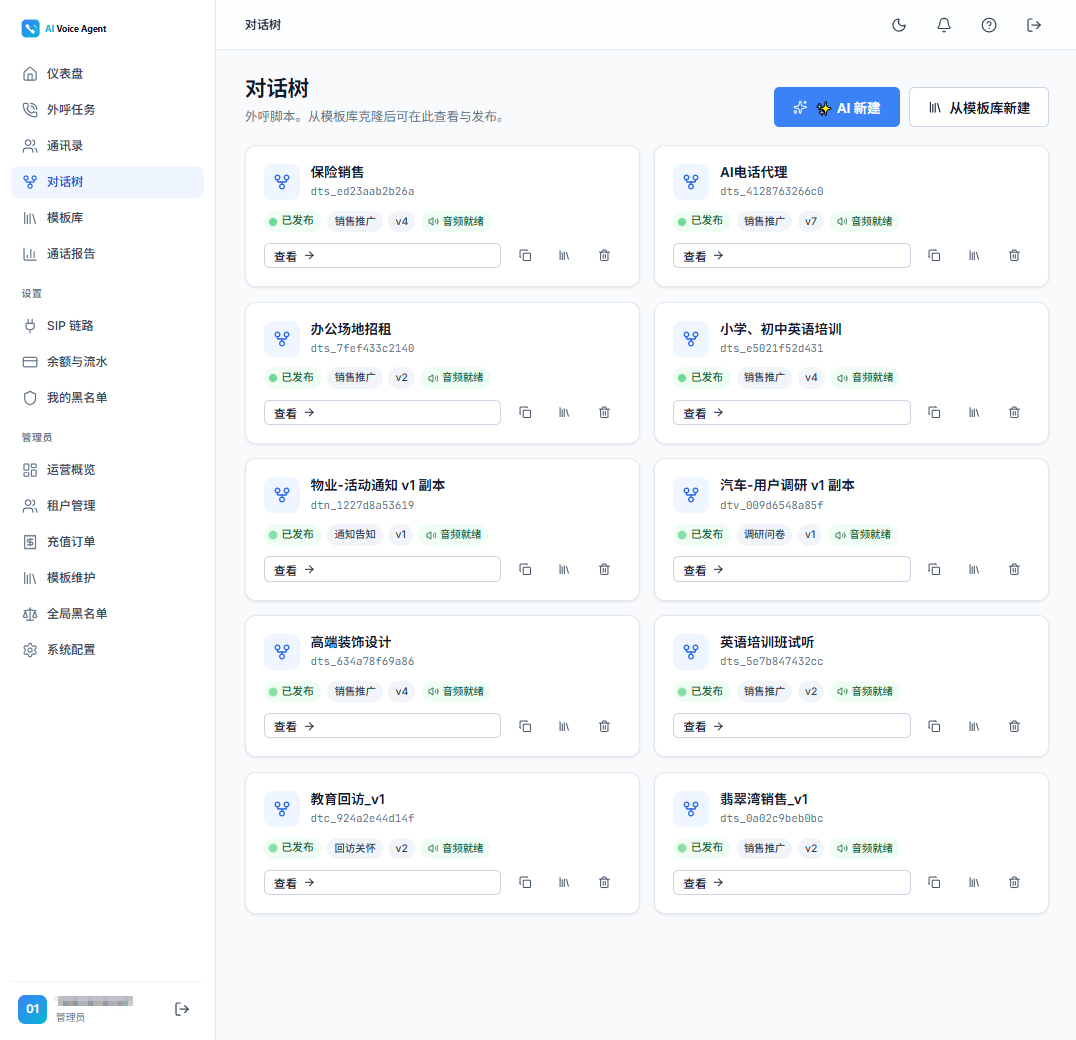 对话树列表界面：多行业话术模板，已发布状态与版本管理